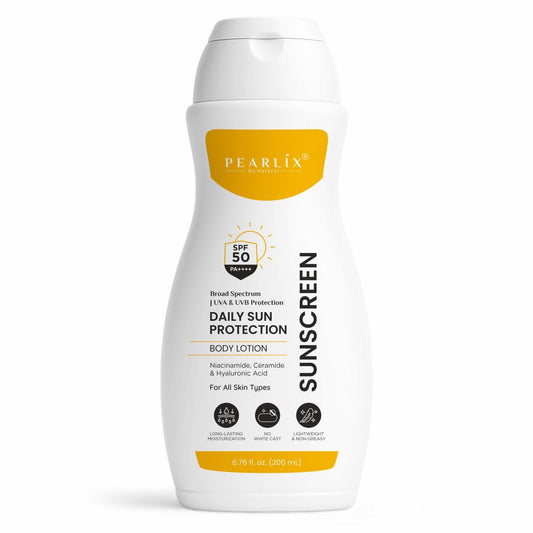 PEARLIX BE NATURAL Sunscreen Body Lotion For All Skin Type with SPF 50 PA++++ - Broad Spectrum UVA & UVB Protection, No White Cast, Enriched with Carrot Seed & Raspberry - Body Sunscreen Lotion 200ml