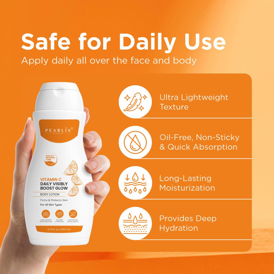 PEARLIX BE NATURAL VITAMIN C Body Lotion Daily Visibly Boost Glow Body Lotion for Dry Skin, Suitable for Winters & Summer Benefits & Deep Hydration, Moisturizer for Body 200ml