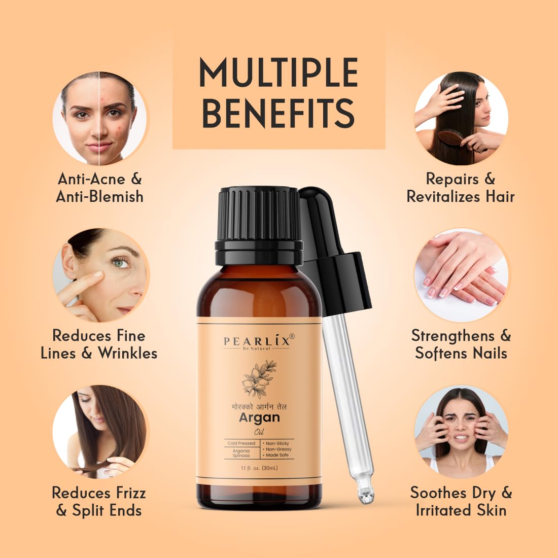 Pearlix® 100% Natural Cold Pressed Argan Oil For for Skin, Hair & Nails, Moisturizing, Nourishing, Anti-Aging, Enhances Shine & Softness, Rich in Vitamins & Antioxidants (30 ml, Argan Oil)