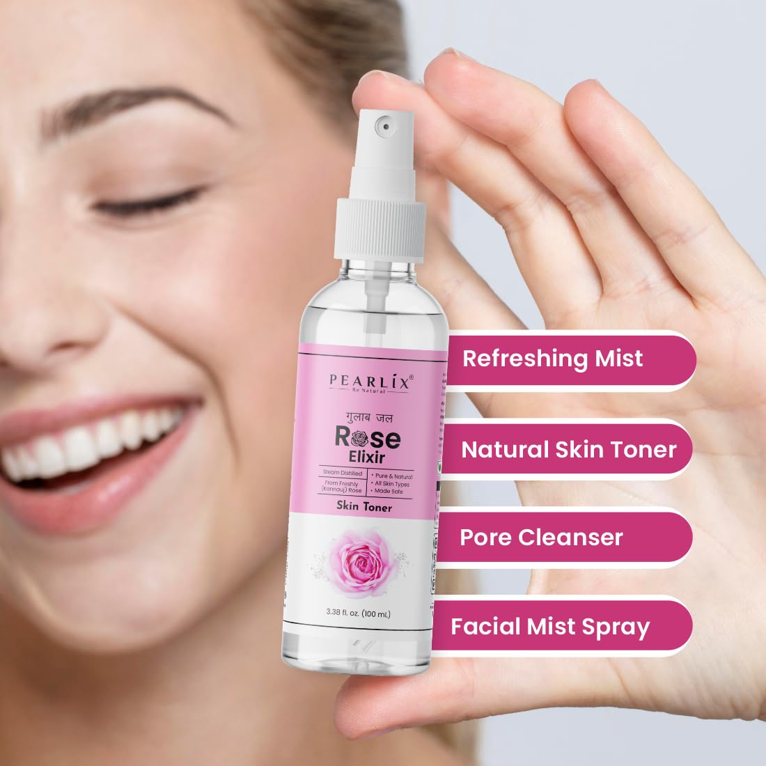 Pearlix® 100% Natural Rose Water Herbal Skin Toner| Keeps skin scented and moisturized| Maintain skin's pH balance| Prevents acne| Suitable for All Skin Types (100ml Pack of 1)