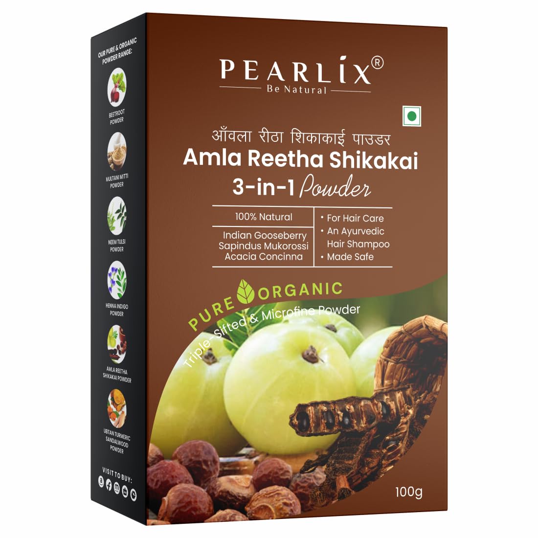 Pearlix® 100% Pure Organic Amla Reetha Shikakai Powder for Hair | Natural Cleanser | Reduce Dandruff | Reduce Split Ends | For Sclap Detox (100 G, Amla, Reetha Shikakai)