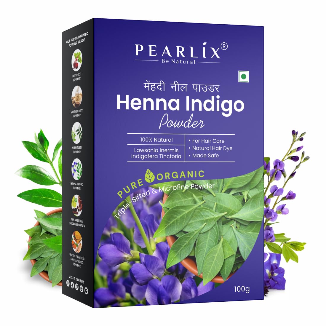 Pearlix® 100% Pure Organic Henna & Indigo Powder for Hair | Enhances Shine Strengthens & Reduces Hair Fall