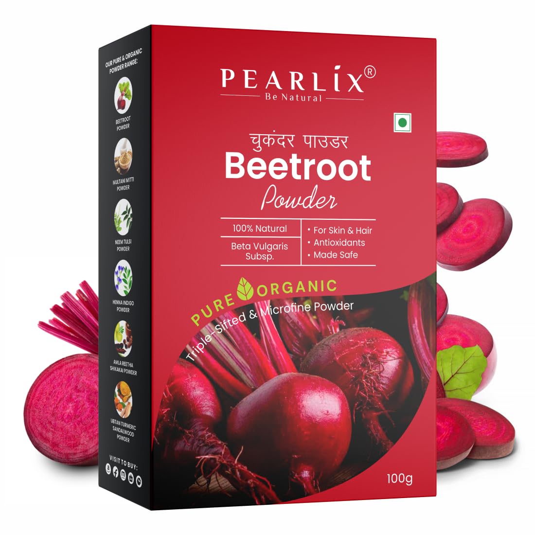 Pearlix® 100% Pure Organic Beetroot Powder for Skin & Hair | Anti- Aging | Healthy Hair | Fight Acne | Nourished Dry Lips | Face Pack For Glowing Skin (100 g, Beetroot)