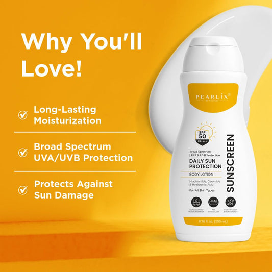 PEARLIX BE NATURAL Sunscreen Body Lotion For All Skin Type with SPF 50 PA++++ - Broad Spectrum UVA & UVB Protection, No White Cast, Enriched with Carrot Seed & Raspberry - Body Sunscreen Lotion 200ml
