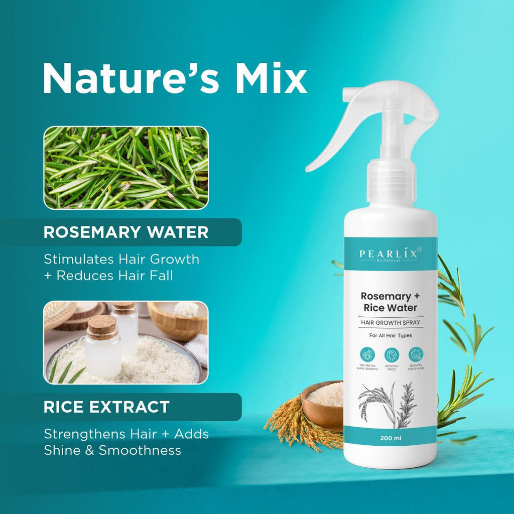 PEARLIX BE NATURAL Rosemary & Rice Water Hair Spray | Strengthening Mist with Natural Shine | Non-Sticky, Fast Absorbing Leave-In Spray for Scalp & Hair | For Men & Women 200ML