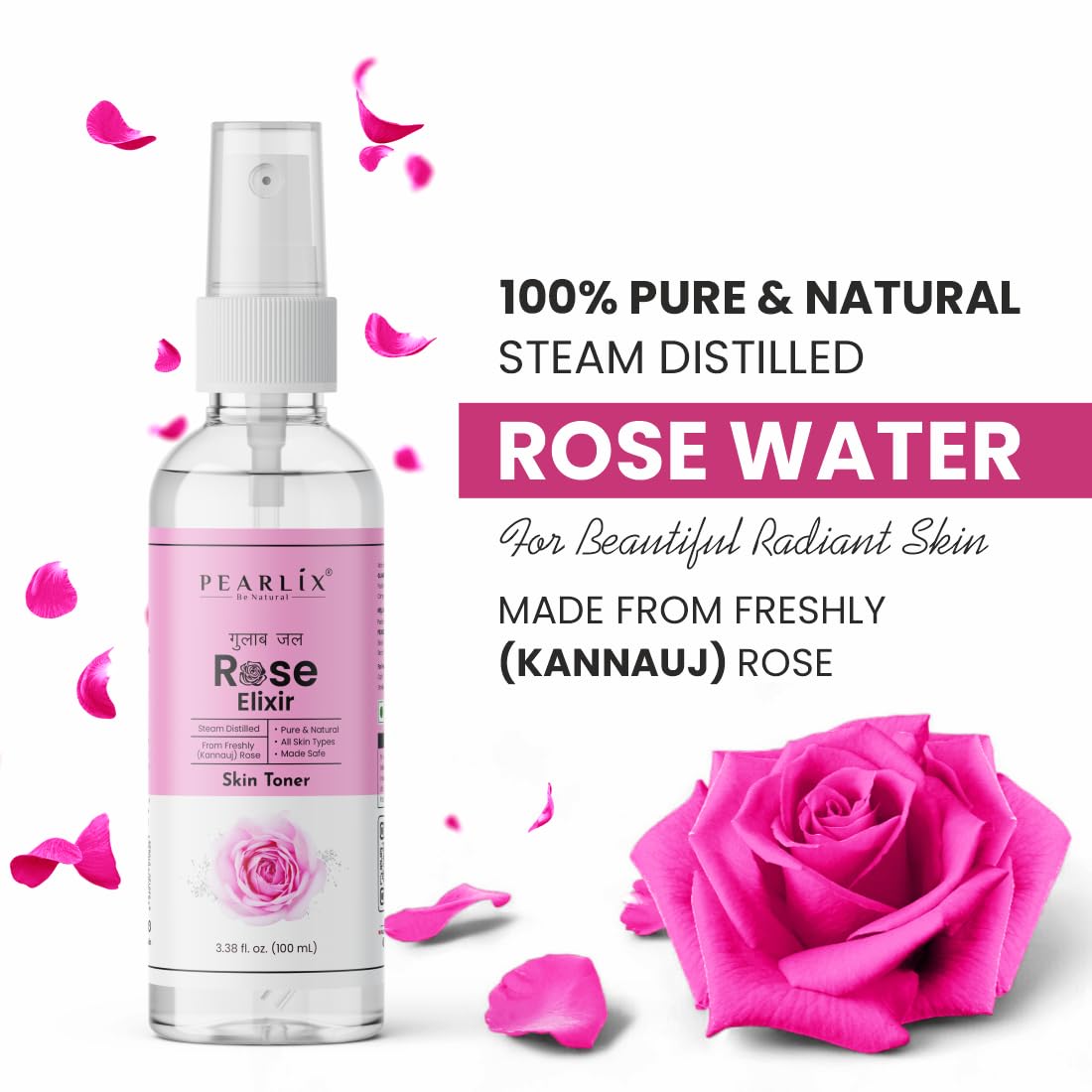 Pearlix® 100% Natural Rose Water Herbal Skin Toner| Keeps skin scented and moisturized| Maintain skin's pH balance| Prevents acne| Suitable for All Skin Types (100ml Pack of 1)