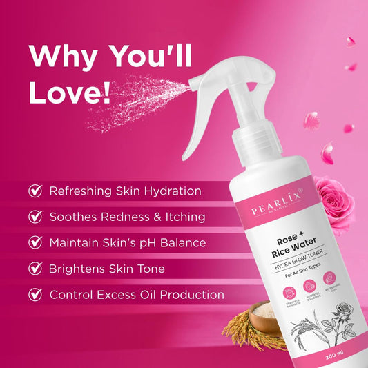 PEARLIX BE NATURAL  Rose & Rice Water (Steam‑Distilled Kannauj Gulab & chawal Jal)  100 % Pure Hydrosol Face  &  Body Toner Mist Edible‑Grade, DIY Beauty  200ml