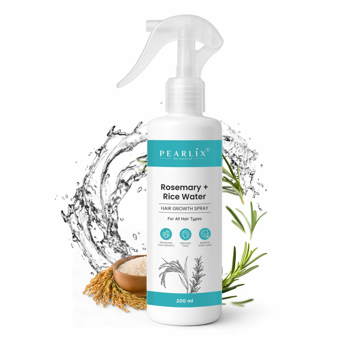 PEARLIX BE NATURAL Rosemary & Rice Water Hair Spray | Strengthening Mist with Natural Shine | Non-Sticky, Fast Absorbing Leave-In Spray for Scalp & Hair | For Men & Women 200ML
