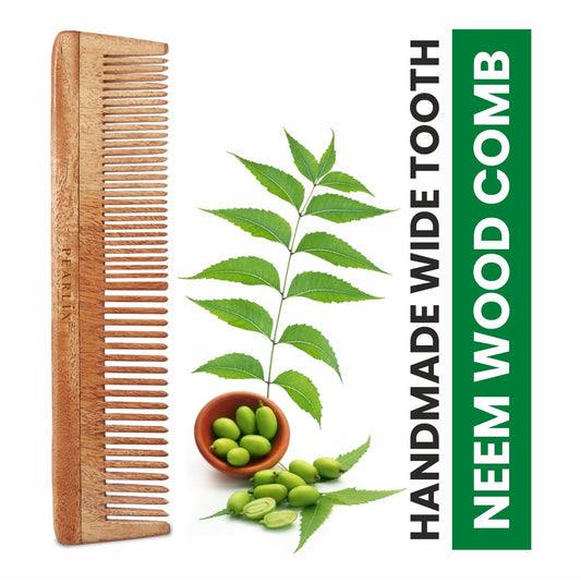Pearlix® Organic Neem Wood Hair Comb for Women & Men (WITH FULL) | Natural & Eco Friendly Wide Tooth Comb | Anti-Bacterial Styling Comb for All Hair Types With Made in India (Pack Of 1 (Full Comb))