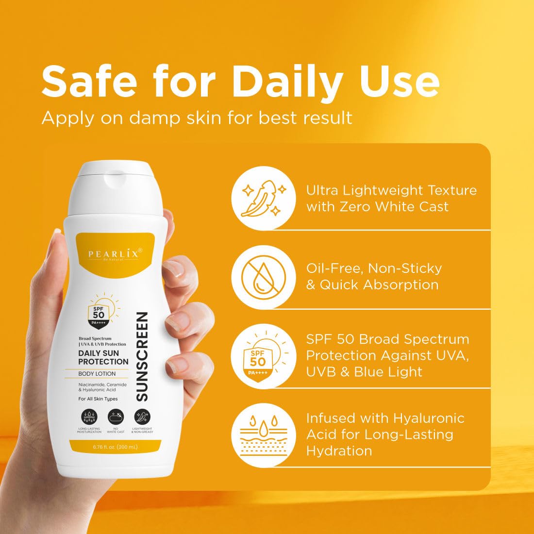 PEARLIX BE NATURAL Sunscreen Body Lotion For All Skin Type with SPF 50 PA++++ - Broad Spectrum UVA & UVB Protection, No White Cast, Enriched with Carrot Seed & Raspberry - Body Sunscreen Lotion 200ml