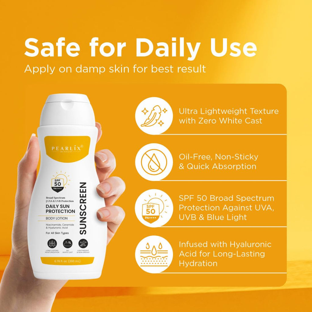 PEARLIX BE NATURAL Sunscreen Body Lotion For All Skin Type with SPF 50 PA++++ - Broad Spectrum UVA & UVB Protection, No White Cast, Enriched with Carrot Seed & Raspberry - Body Sunscreen Lotion 200ml