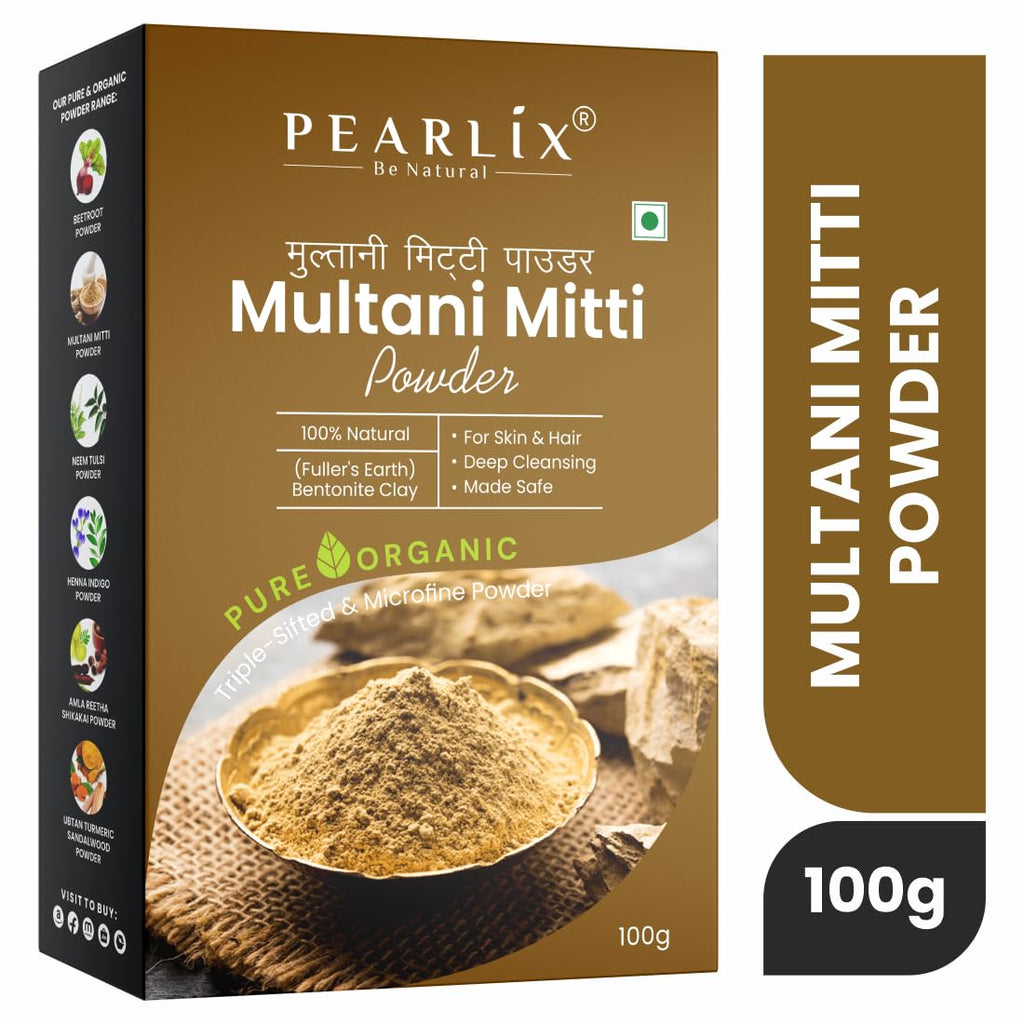 Pearlix® 100% Pure Organic Multani Mitti Powder for Hair & Skin | Deep Cleansing | Skin Brightening | Glowing-Soft Skin | Reduce Tan | Hair & Sclap | Face Pack For Control Excess Oil (200 g Pack of 2, Multani Mitti)