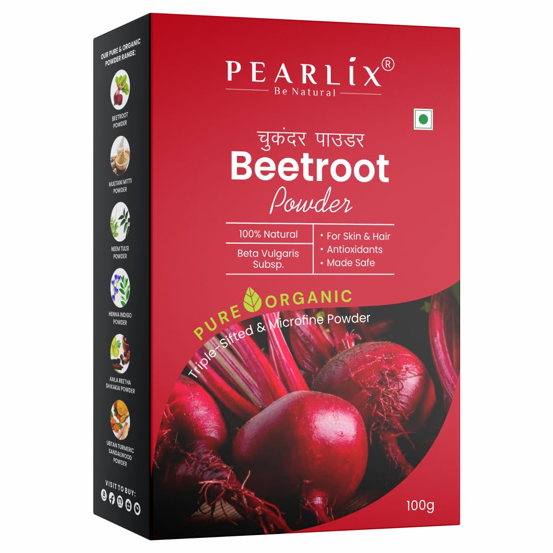 Pearlix® 100% Pure Organic Beetroot Powder for Skin & Hair | Anti- Aging | Healthy Hair | Fight Acne | Nourished Dry Lips | Face Pack For Glowing Skin (100 g, Beetroot)