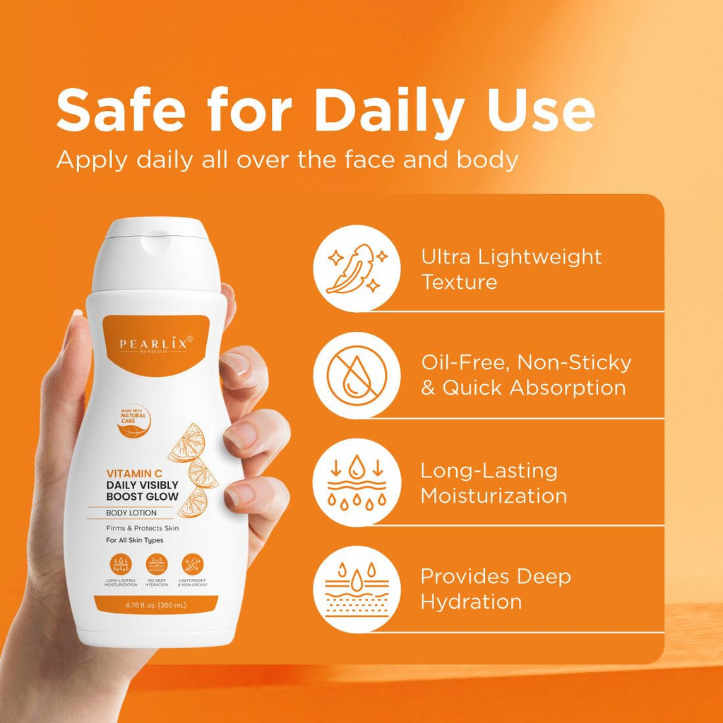 PEARLIX BE NATURAL VITAMIN C Body Lotion Daily Visibly Boost Glow Body Lotion for Dry Skin, Suitable for Winters & Summer Benefits & Deep Hydration, Moisturizer for Body 200ml