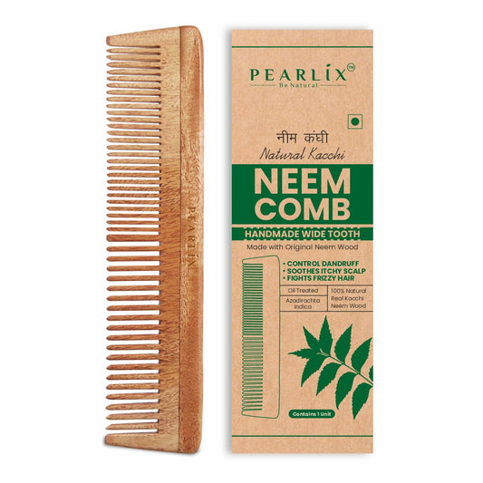 Pearlix® Organic Neem Wood Hair Comb for Women & Men (WITH FULL) | Natural & Eco Friendly Wide Tooth Comb | Anti-Bacterial Styling Comb for All Hair Types With Made in India (Pack Of 1 (Full Comb))