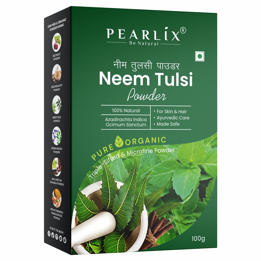 Pearlix® 100% Pure Organic Neem Tulsi Powder For Skin & Hair | Anti- Aging | Reduce Hair Fall | Fight Acne | Oil Control | Face Pack For Glowing Skin