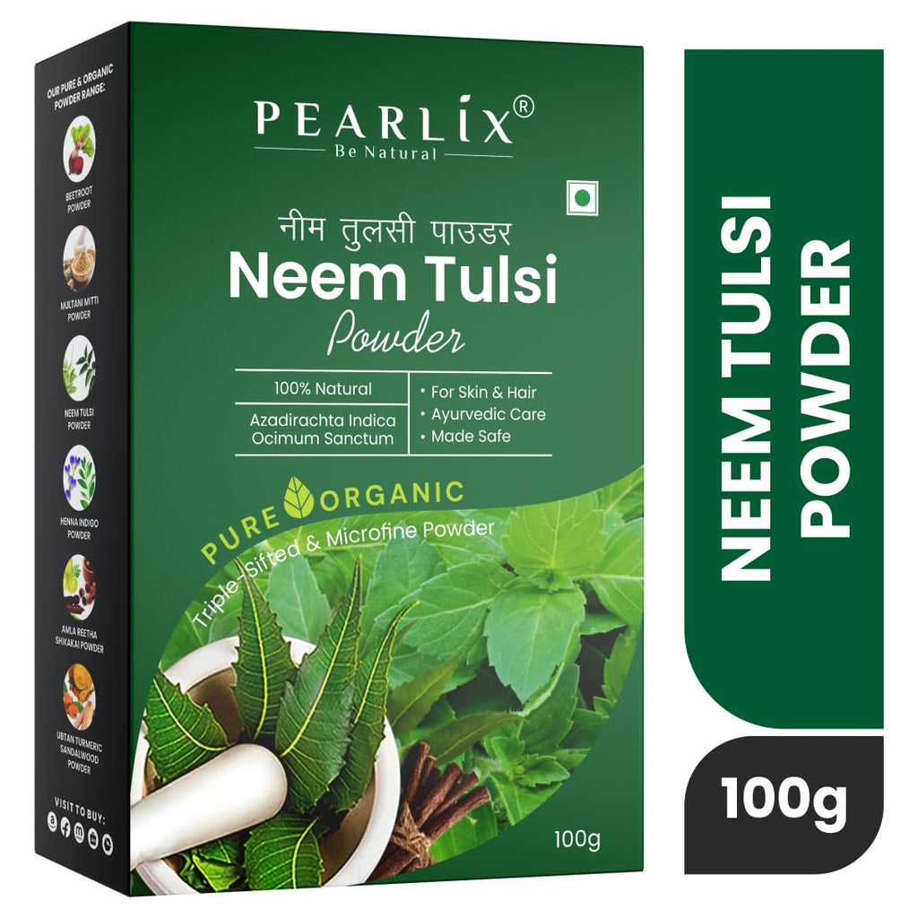 Pearlix® 100% Pure Organic Neem Tulsi Powder For Skin & Hair | Anti- Aging | Reduce Hair Fall | Fight Acne | Oil Control | Face Pack For Glowing Skin