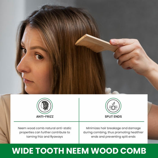 Pearlix® Organic Neem Wood Hair Comb for Women & Men (WITH HANDLE) | Natural & Eco Friendly Wide Tooth Comb | Anti-Bacterial Styling Comb for All Hair Types With Handle Made in India