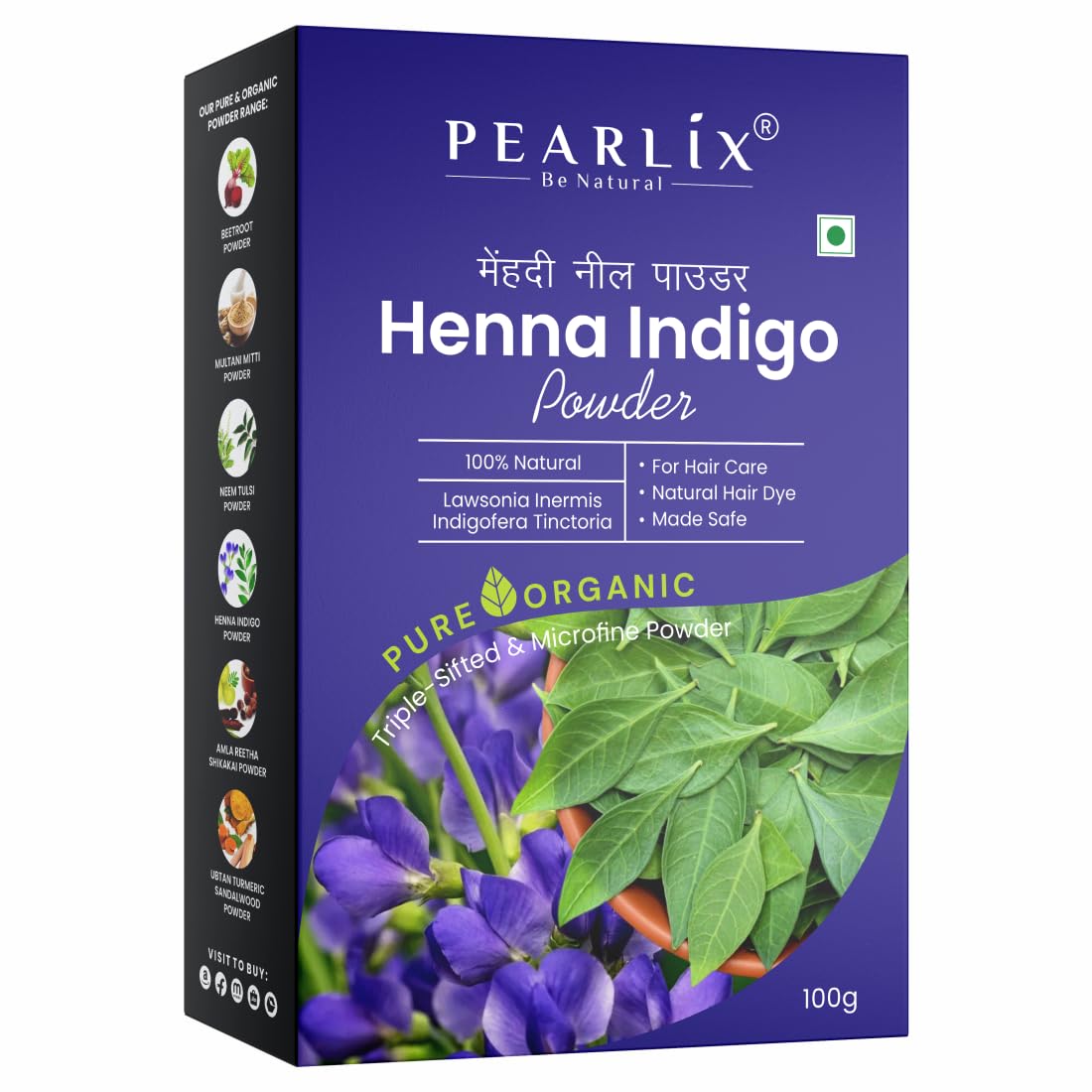 Pearlix® 100% Pure Organic Henna & Indigo Powder for Hair | Enhances Shine Strengthens & Reduces Hair Fall