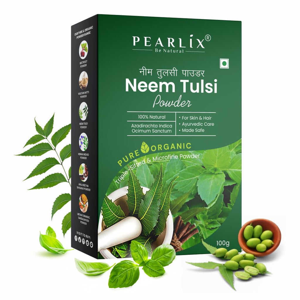 Pearlix® 100% Pure Organic Neem Tulsi Powder For Skin & Hair | Anti- Aging | Reduce Hair Fall | Fight Acne | Oil Control | Face Pack For Glowing Skin