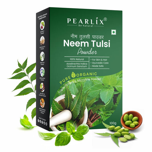 Pearlix® 100% Pure Organic Neem Tulsi Powder For Skin & Hair | Anti- Aging | Reduce Hair Fall | Fight Acne | Oil Control | Face Pack For Glowing Skin