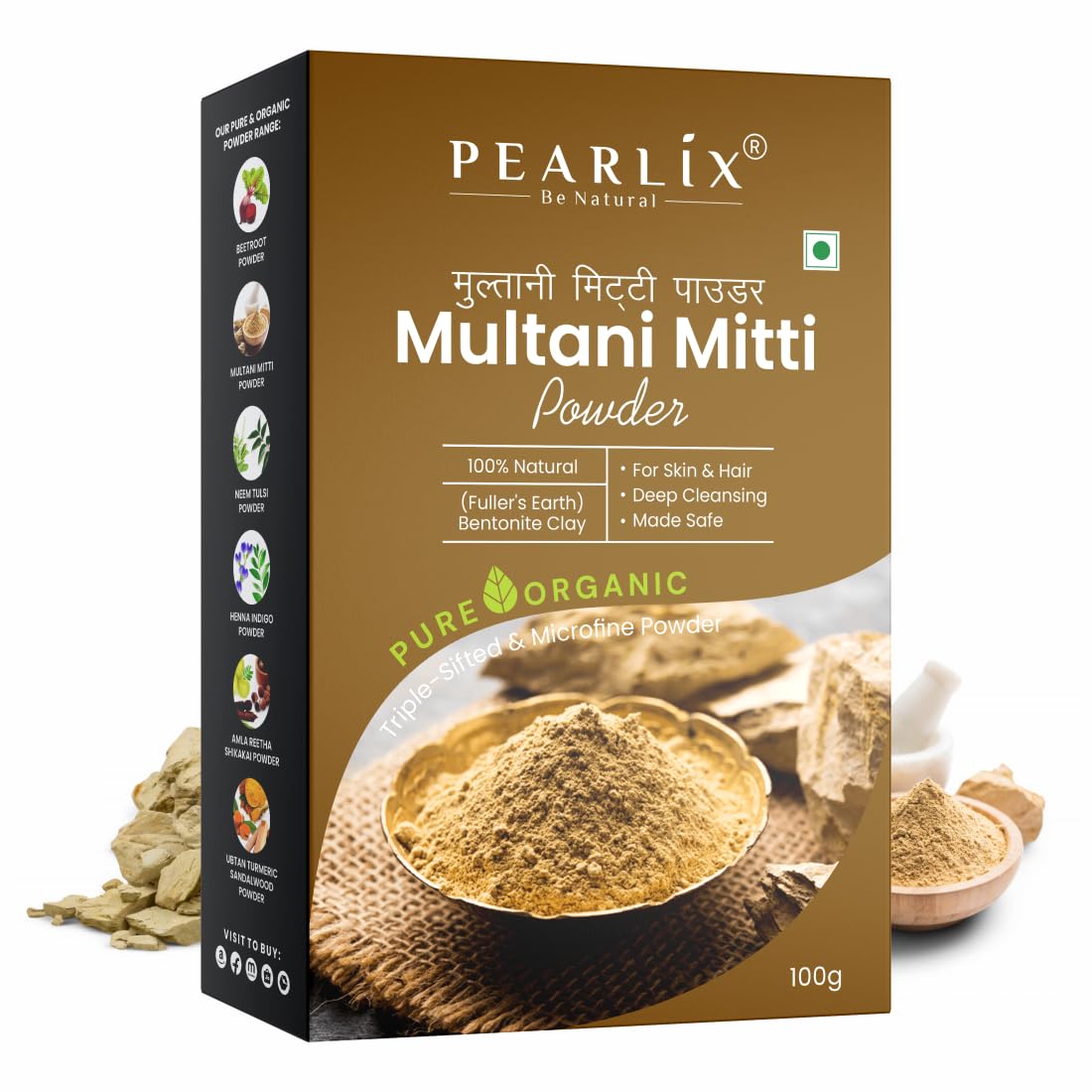 Pearlix® 100% Pure Organic Multani Mitti Powder for Hair & Skin | Deep Cleansing | Skin Brightening | Glowing-Soft Skin | Reduce Tan | Hair & Sclap | Face Pack For Control Excess Oil (200 g Pack of 2, Multani Mitti)