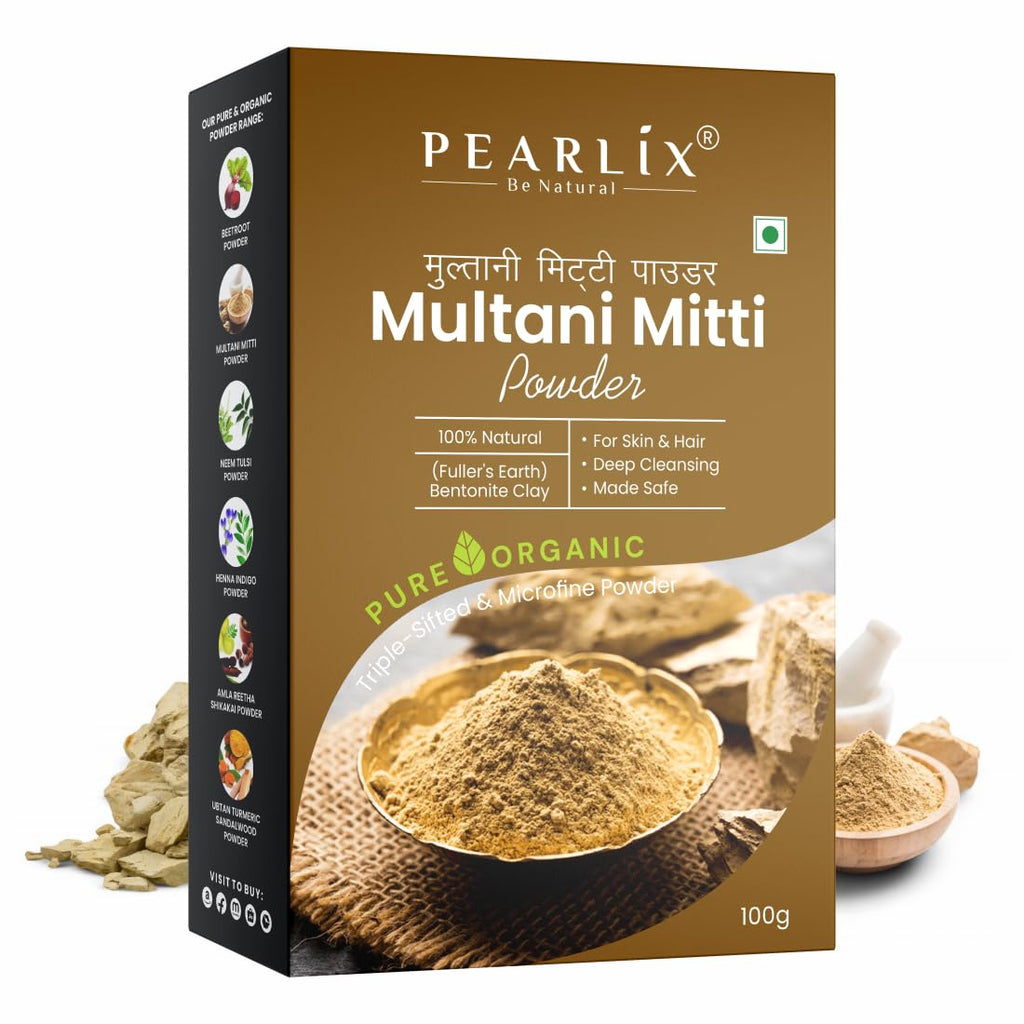Pearlix® 100% Pure Organic Multani Mitti Powder for Hair & Skin | Deep Cleansing | Skin Brightening | Glowing-Soft Skin | Reduce Tan | Hair & Sclap | Face Pack For Control Excess Oil (200 g Pack of 2, Multani Mitti)