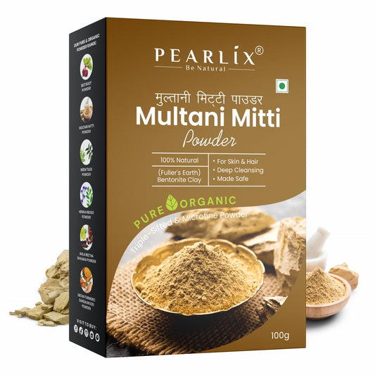 Pearlix® 100% Pure Organic Multani Mitti Powder for Hair & Skin | Deep Cleansing | Skin Brightening | Glowing-Soft Skin | Reduce Tan | Hair & Sclap | Face Pack For Control Excess Oil (200 g Pack of 2, Multani Mitti)