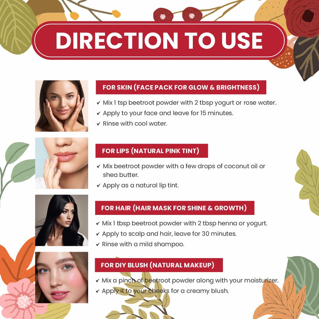 Pearlix® 100% Pure Organic Beetroot Powder for Skin & Hair | Anti- Aging | Healthy Hair | Fight Acne | Nourished Dry Lips | Face Pack For Glowing Skin (100 g, Beetroot)