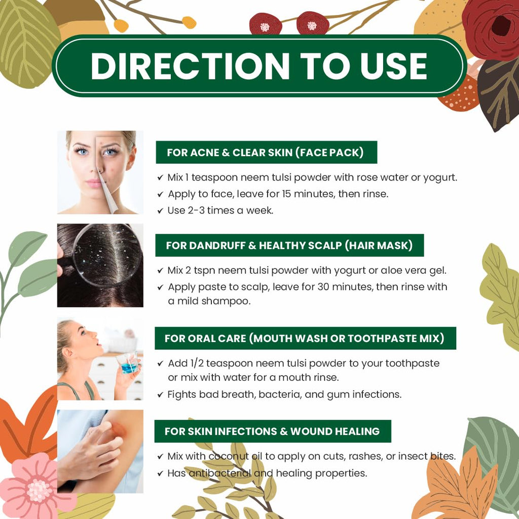 Pearlix® 100% Pure Organic Neem Tulsi Powder For Skin & Hair | Anti- Aging | Reduce Hair Fall | Fight Acne | Oil Control | Face Pack For Glowing Skin