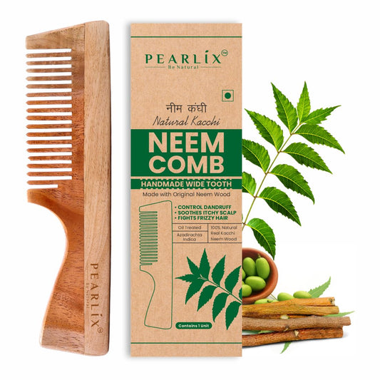Pearlix® Organic Neem Wood Hair Comb for Women & Men (WITH HANDLE) | Natural & Eco Friendly Wide Tooth Comb | Anti-Bacterial Styling Comb for All Hair Types With Handle Made in India